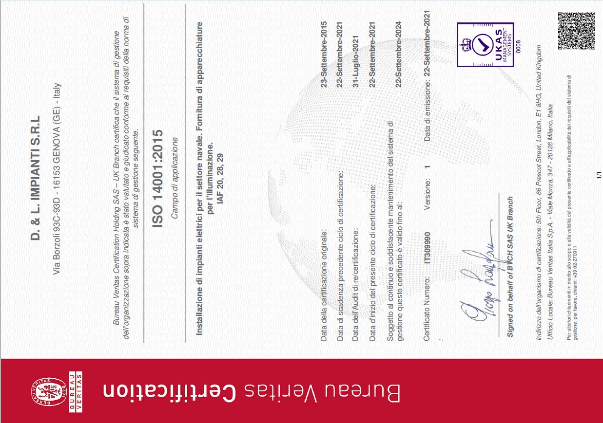 Certificato ISO 14001:2015 D. & L. Impianti Srl