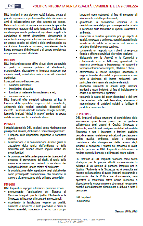 Politica Qualità Ambiente Sicurezza