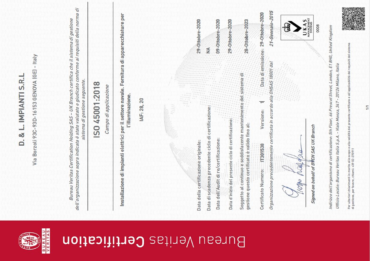 Certificato OHSAS 45001:2018 D.&L.Impianti Srl