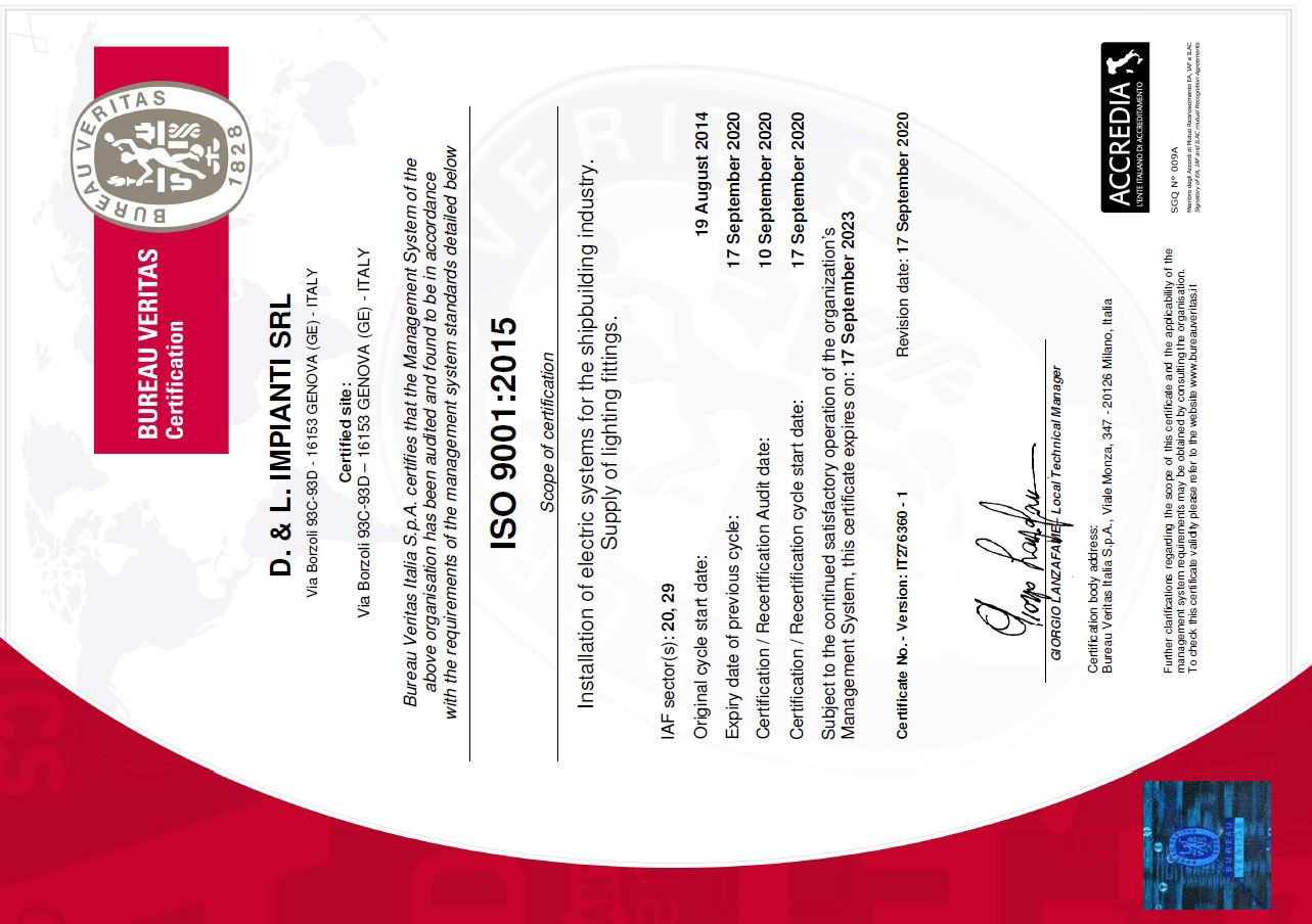 Certificato ISO 9001:2015 D. & L. Impianti S.r.l.