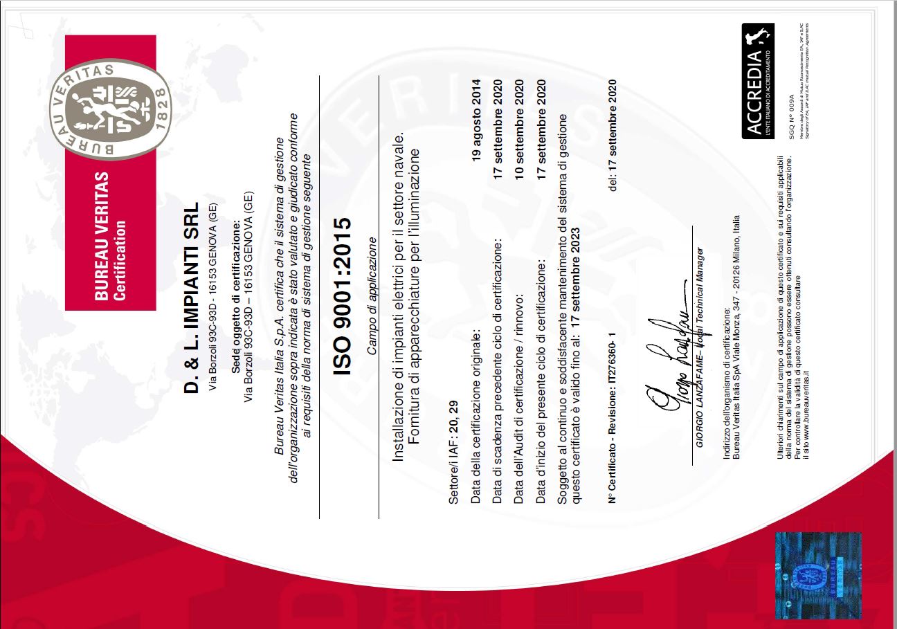 Certificato ISO 9001:2015 D.&L.Impianti Srl